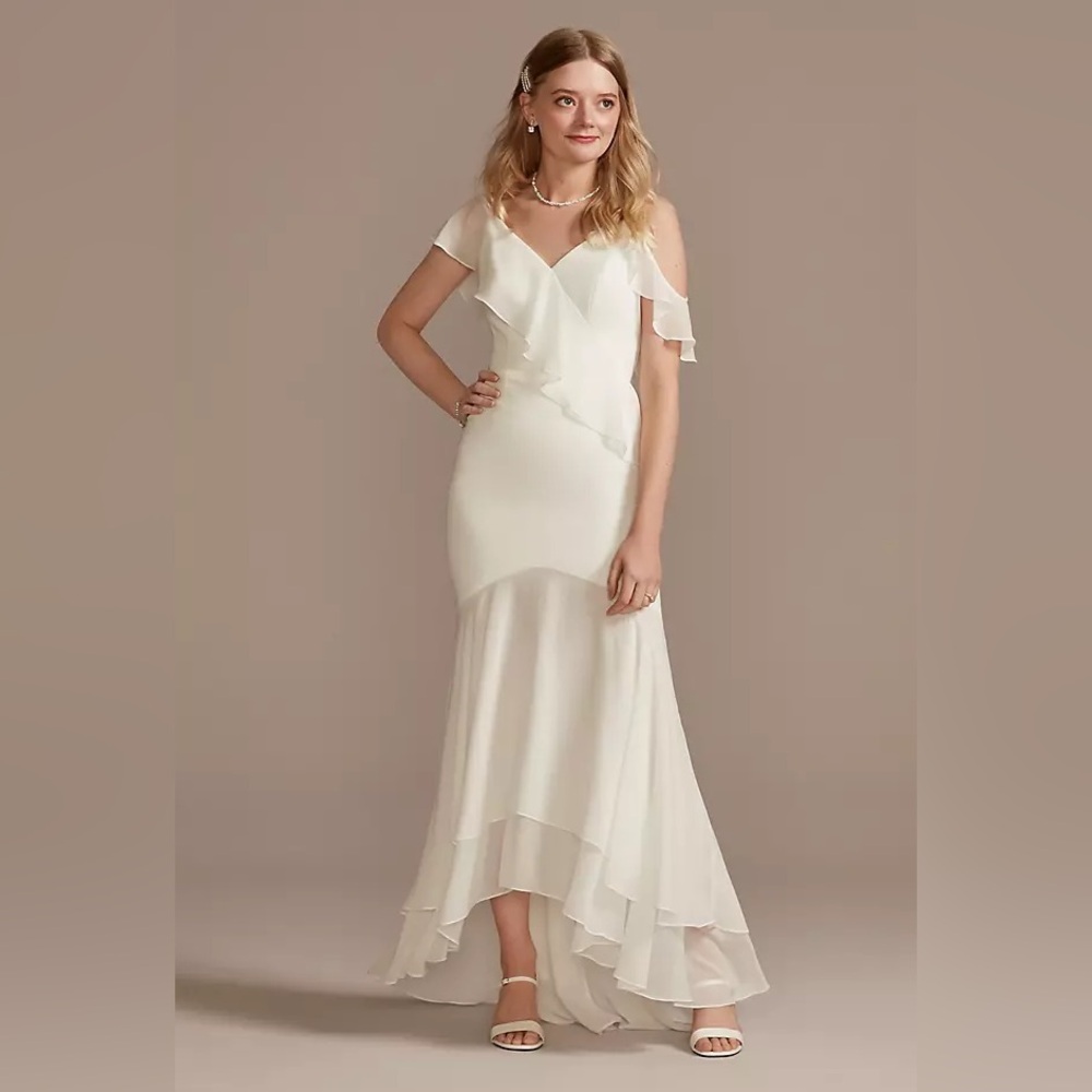 DB Studio Soft White Asymmetrical Chiffon Dress with Ruffled Hem EUC SZ 8
